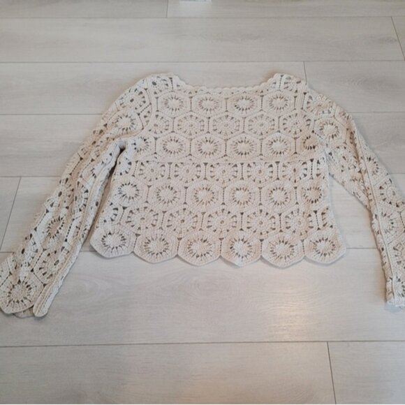 Crochet Macrame Long Sleeve Top Scalloped Hem Beachy Boho Vintage Look - Picture 4 of 5